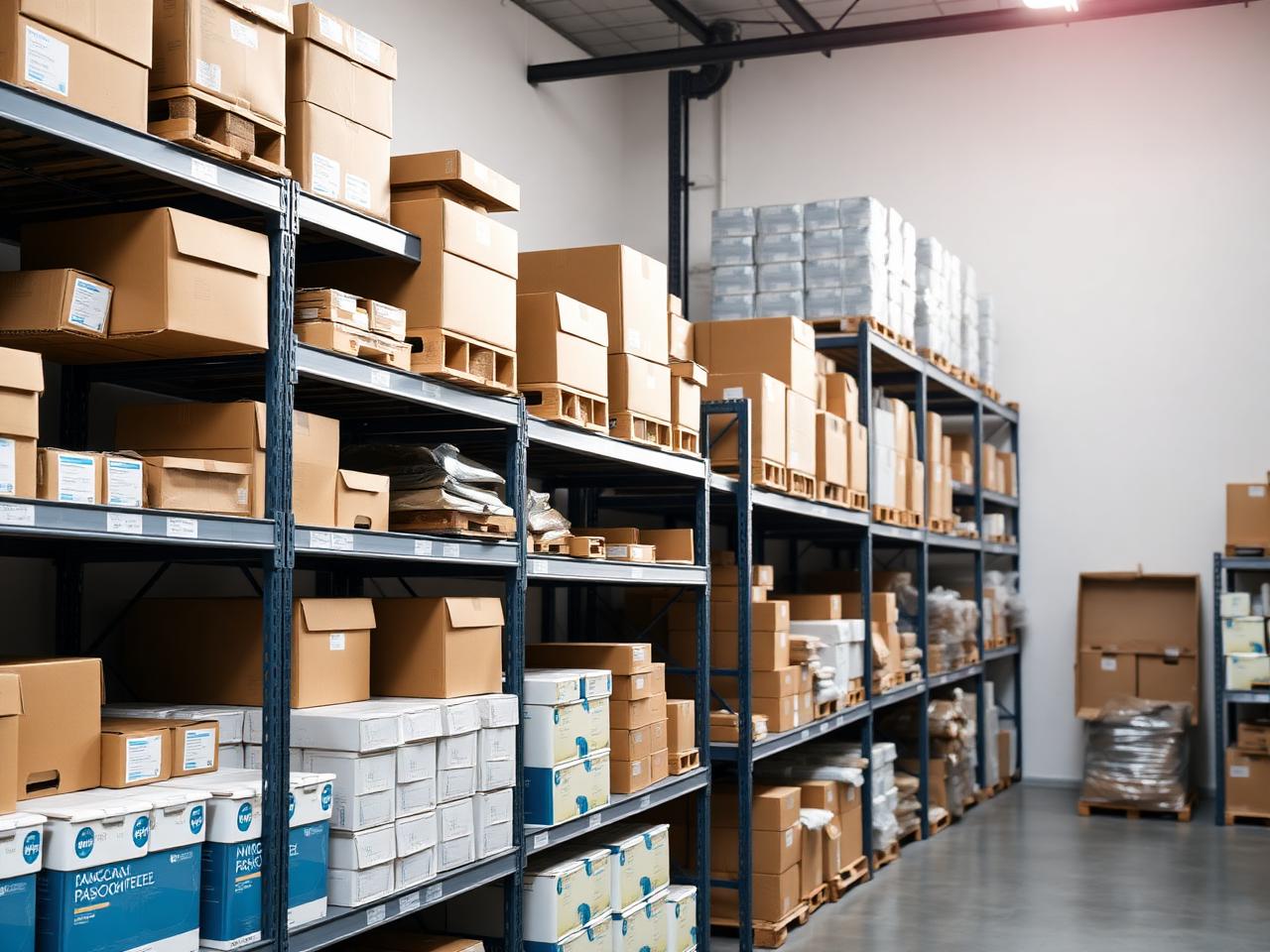 Organised supply warehouse shelves with neatly stacked product boxes