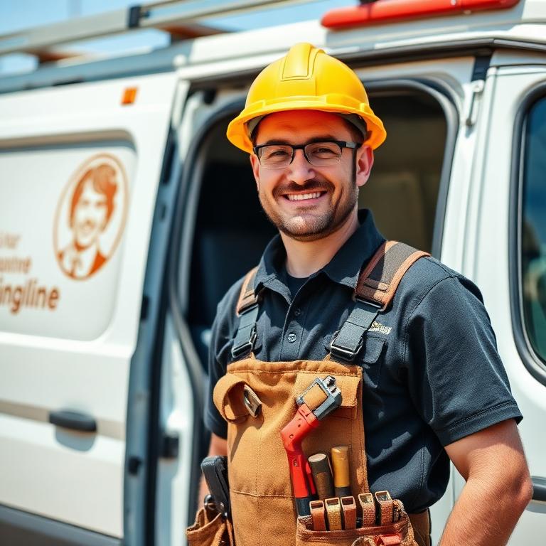 Tradesperson with workwear by a service van