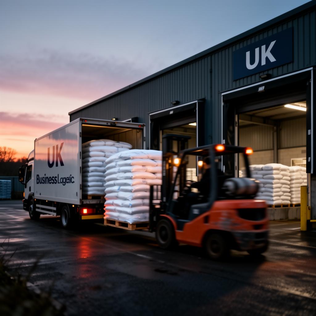 Pallets of supplies being loaded onto a UK delivery truck at a warehouse loading bay