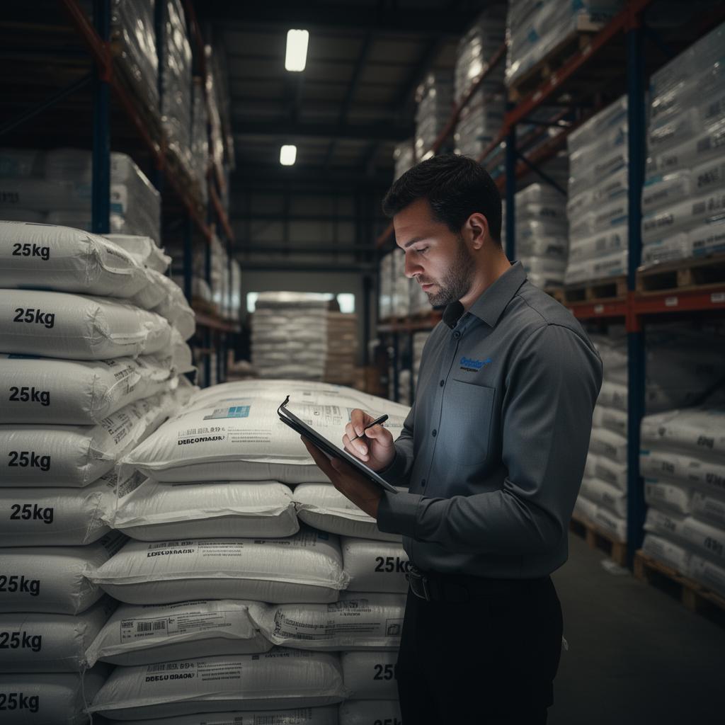 Warehouse manager reviewing pallets of 25kg sacks with a tablet