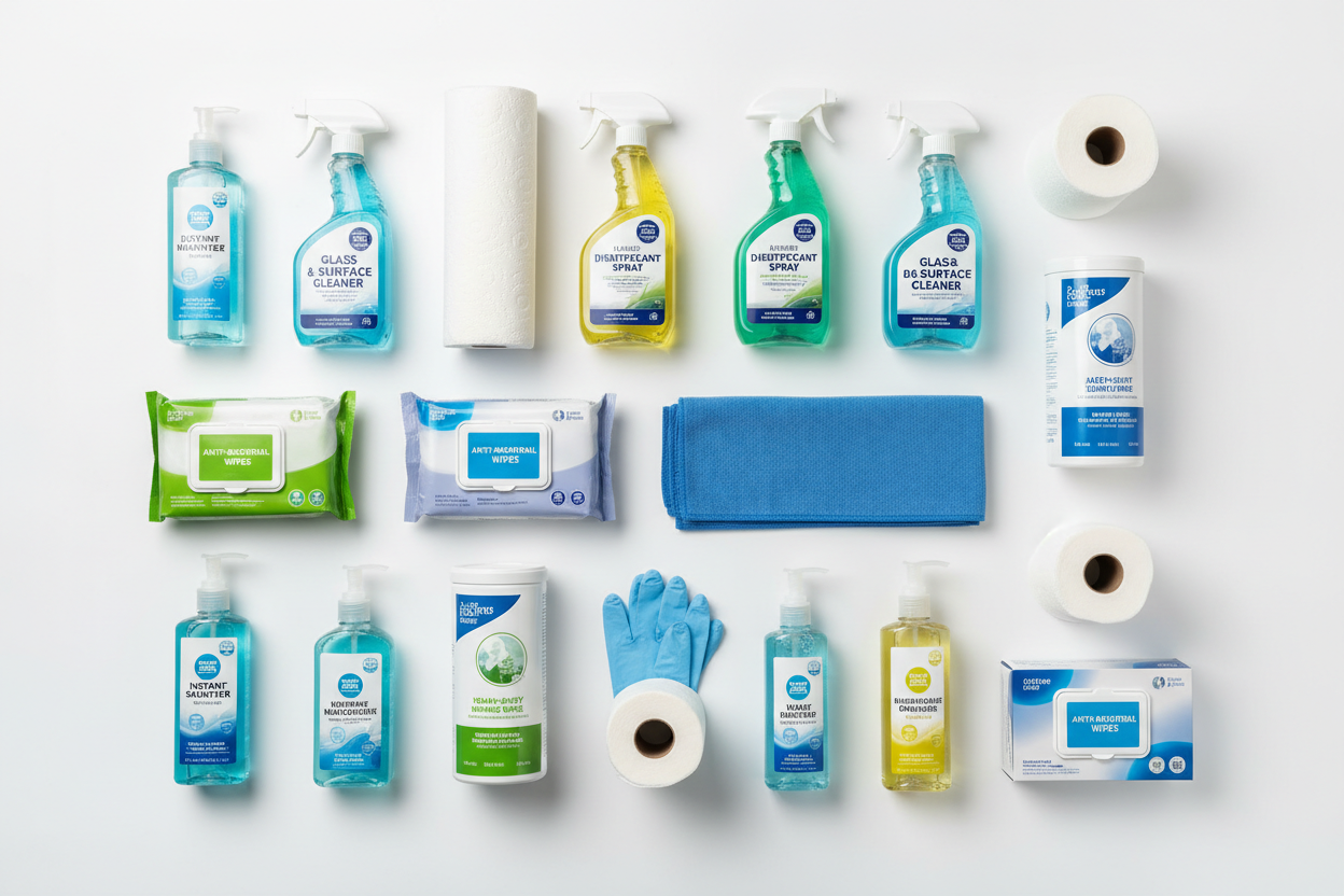 Flat lay of commercial cleaning and hygiene supplies including spray bottles, wipes, sanitiser and paper rolls