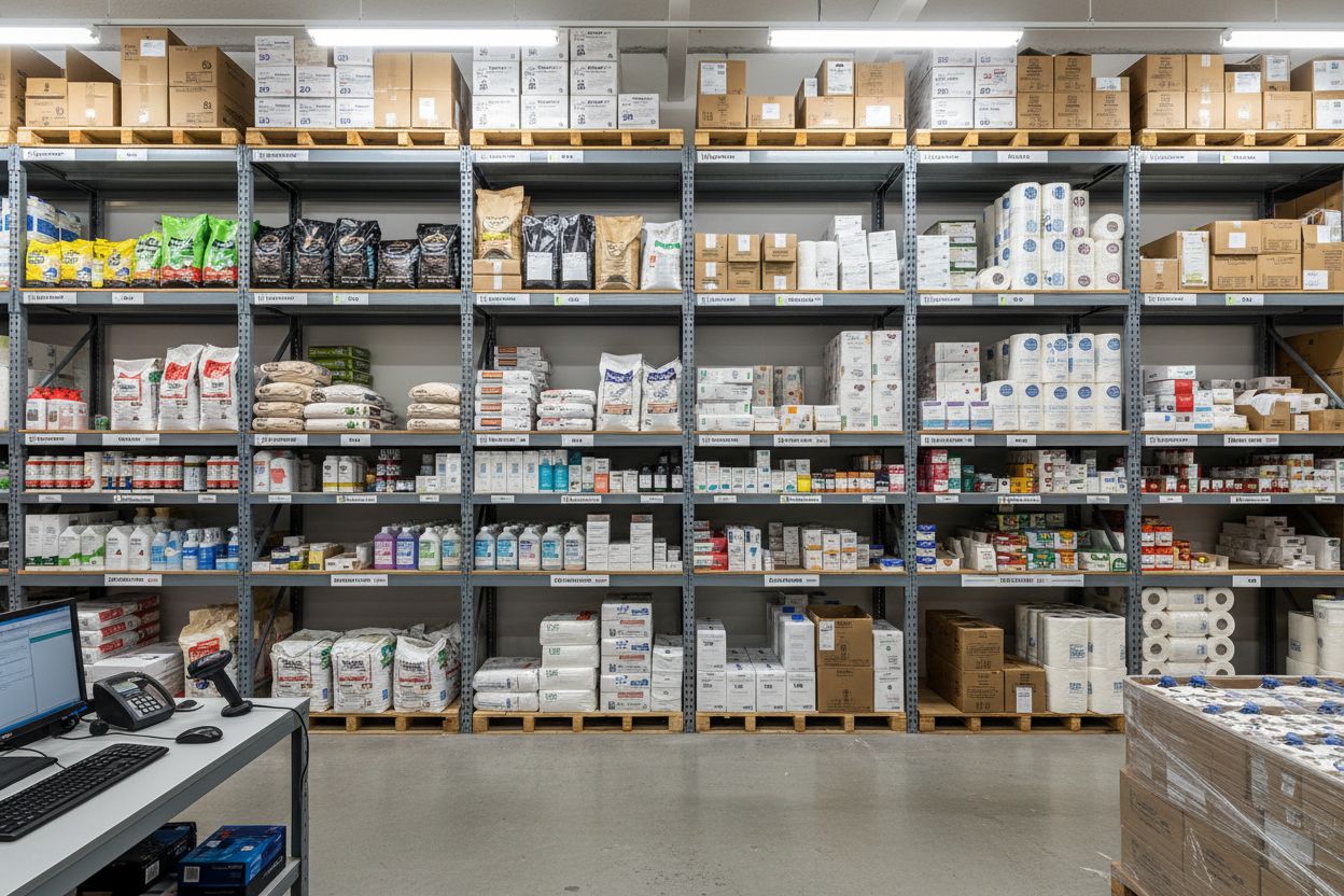 Commercial storeroom shelving stocked with bulk consumables, paper goods and labelled replenishment cases