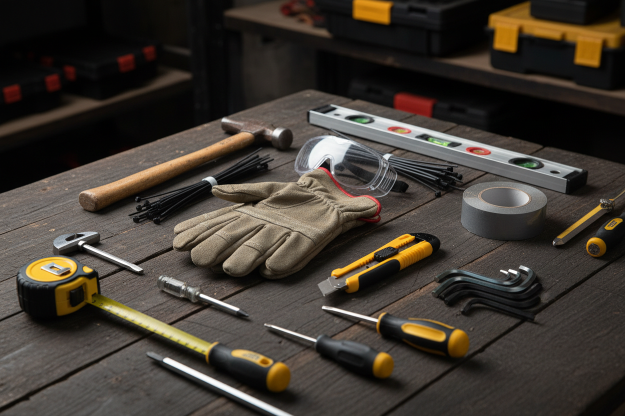Workbench arrangement of trade essentials including hammer, spirit level, gloves, screwdrivers, tape and safety goggles
