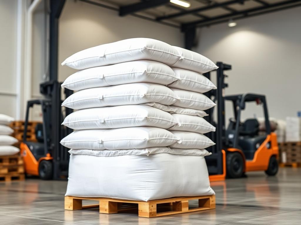 Stack of 25kg sacks bundled on a pallet in a warehouse