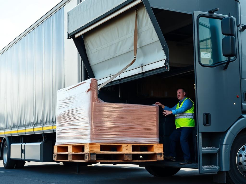 HGV tail-lift lowering a shrink-wrapped pallet on site