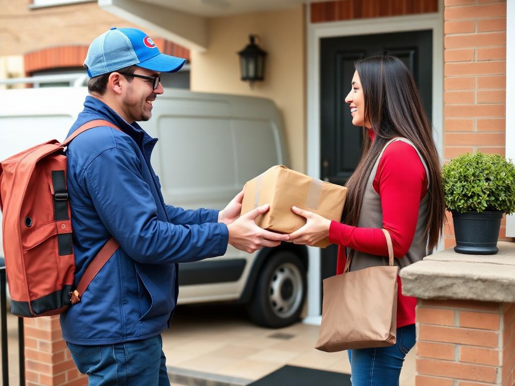 UK delivery driver handing a parcel to a customer at their doorstep