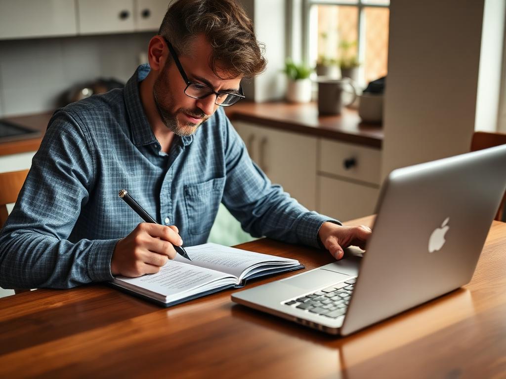 Customer noting product details and quantities next to a laptop